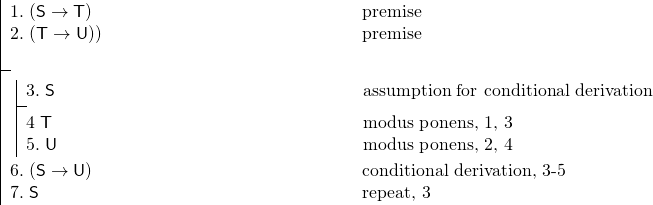 \[ \fitchprf{\pline[1.]{(S \lif T)} [premise]\\ \pline[2.]{(T \lif U))} [premise]\\ } { \subproof{\pline[3.]{S}[assumption for conditional derivation]}{ \pline[4]{T}[modus ponens, 1, 3]\\ \pline[5.]{U}[modus ponens, 2, 4] } \pline[6.]{(S \lif U)}[conditional derivation, 3-5]\\ \pline[7.]{S}[repeat, 3] } \]