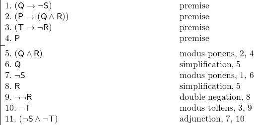 \[ \fitchprf{\pline[1.] {(Q \lif \lnot S)} [premise]\\ \pline[2.]{(P \lif (Q \land R))} [premise]\\ \pline[3.]{(T \lif \lnot R)} [premise]\\ \pline[4.]{P}[premise] } { \pline[5.]{(Q \land R)}[modus ponens, 2, 4]\\ \pline[6.]{Q}[simplification, 5]\\ \pline[7.]{\lnot S}[modus ponens, 1, 6]\\ \pline[8.]{R}[simplification, 5]\\ \pline[9.]{\lnot \lnot R}[double negation, 8]\\ \pline[10.]{\lnot T}[modus tollens, 3, 9]\\ \pline[11.]{(\lnot S \land \lnot T)}[adjunction, 7, 10] } \]
