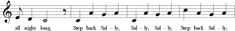 Next four measures of "Here We Go, Zudio." 1/8 note e, 1/4 D, 1/2 C, 1/8 rest. 1/4 C, 1/4 A, 1/4 G, 1/4 A, 1/4 C, 1/4 A, 1/4 G, 1/4 A. 1/4 C, 1/4 A, 1/4 G, 1/4 A. Words are all night long, step back Sally, Sally, Sally, Step back Sally,