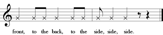 Sixth phrase of three measure of "Here We Go, Zudio." Rhythm only 1/4, 1/8, 18, 1/4, 1/8, 1/8. 1/8, 1/4, 1/4m 1.7 restm 1.4 rest, Lyrics front, to the back, to the side, side, side.  