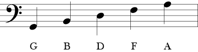 Bass Clef with five lines. On the bottom is G, on the second line up is B, on the third line up is D, on the fourth line up is F, on the fifth line up is A. 