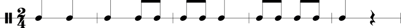 5 measures in 2/4 Time signature. 1/4 1/4. 1/4 1/8 1/8. 1/8 1/8 1/4. 1/8 1/8 1/8 1/8. 1/4 1/4 rest.. 