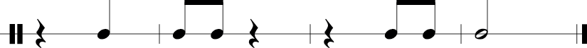 4 measures in 2/4 Time signature. 1/4 rest 1/4. 1/8 1/8 1/4 rest. 1/4 rest 1/8 1/8. 1/2.