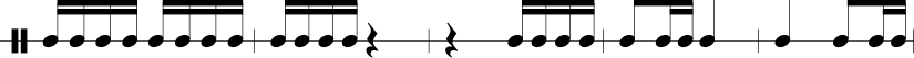 4measures in 2/4 Time signature. 1/16 1/16 1/16 1/16 1/16 1/16 1/16 1/16. 1/16 1/16 1/16 1/16  1/4 rest. 1/4 rest 1/16 1/16 1/16 1/16. 1/8 1/16 1/16 1/4. 1/4 1/8 1/16 1/16.