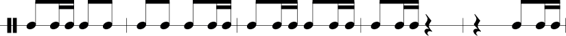 5 measures in 2/4 Time signature: 1/8 1/16 1/16 1/8 1/8. 1/8 1/8 1/8 1/16 1/16. 1/8 1/16 1/16  1/8 1/16 1/16. 1/8 1/16 1/16 1/4 rest. 1/4 rest 1/8 1/16 1/16 .