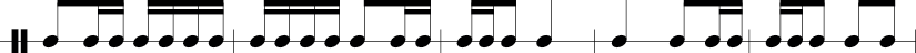 5 measures in 2/4 Time signature: 1/8 1/16 1/16 1/16 1/16 1/16 1/16. 1/16 1/16 1/16 1/16 1/8 1/16 1/16 . 1/16 1/16  1/8 1/4. 1/4 1/8 1/16 1/16. 1/16 1/16 1/8 1/8 1/8.