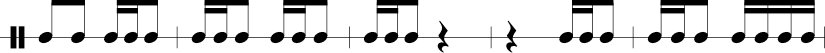 5 measures in 2/4 Time signature: 1/8 1/8 1/16 1/16 1/8. 1/16 1/16 1/8 1/16 1/16 1/8. 1/16 1/16 19 1/4 rest. 1/4 rest 1/16 1/16 1/8. 1/16 1/16 1/8 1/16 1/16 1/16 1/16.