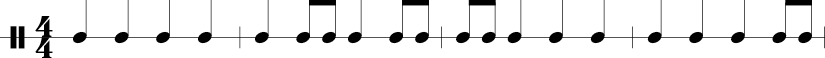 4 meausre in 4/4 time signature: 1/4 1/4 1/4 1/4. 1/4 1/8 1/8 1/4 1/8 1/8. 1/8 1/8 1/4 1/4 1/4 1/4. 1/4 1/4 1/4 1/8 1/8.