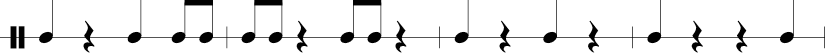 4 measures in 4/4 time signature: 1/4 1/4 rest, 1/4 1/8 1/8. 1/8 1/8 1/4 rest 1/8 1/8 1/4 rest. 1/4 1/4 rest 1/4 1/4 rest. 1/4 1/4 rest 1/4 rest 1/4.