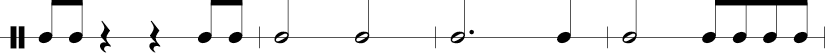 4 measures in 4/4 time signature: 1/8 1/8 1/4 rest 1/4 rest 1/8 1/8. 1/2 1/2. 3/4 1/4. 1/2 1/8 1/8 1/8 1/8. 