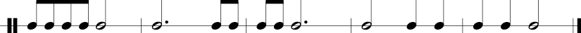 4 measures in 4/4 time signature: 1/8 1/8 1/8 1/8 1/2. 3/4 1/8 1/8. 1/8 1/8 3/4. 1/2 1/4 1/4. 1/4 1/4 1/2.
