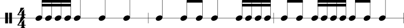 4 measures in 4/4 time signature: 1/16 1/16 1/16 1/16 1/4 1/4 1/4. 1/4 1/8 1/8 1/4 1/16 1/16 1/16 1/16. 1/8 1/8 1/16 1/16 1/16 1/16 1/8 1/8 1/4.