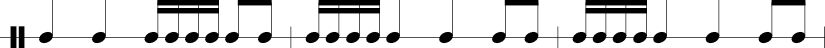 3 measures in 4/4 time signature: 1/4 1/4 1/16 1/16 1/16 1/16 1/8 1/8. 1/16 1/16 1/16 1/16 1/4 1/4 1/8 1/8. 1/16 1/16 1/16 1/16 1/4 1/4 1/8 1/8.