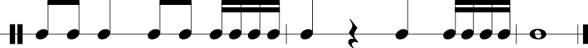 3 measures in 4/4 time signature. 1/8 1/8 1/4 1/8 1/8 1/16 1/16 1/16 1/16. 1/4 1/4 rest 1/4 1/16 1/16 1/16 1/16. 4/4. 