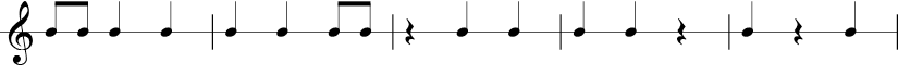 5 measures in 3/4 time signature. 1/8 1/8 1/4 1/4 | 1/4 1/4 1/8 1/8 | 1/4 rest 1/4 1/4 | 1/4 1/4 1/4 rest | 1/4 1/4 rest 1/4 |