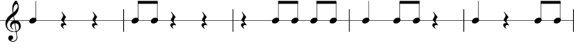 5 measures in 3/4 time signature. 1/4 1/4 rest 1/4 rest | 1/8 1/8 1/4 rest 1/4 rest | 1/4 rest 1/8 1/8 1/8 1/8 | 1/4 1/8 1/8 1/4 rest | 1/4 1/4 rest 1/8 1/8 |