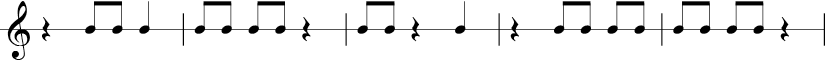 5 measures in 3/4 time signature.1/4 rest 1/8 1/8 1/4 | 1/8 1/8 1/8 1/8 1/4 rest | 1/8 1/8 1/4 rest 1/4 | 1/4 rest 1/8 1/8 1/8 1/8 | 1/8 1/8 1/8 1/8 1/4 rest |