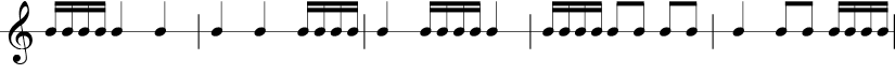 5 measures 3/4 time signature. 1/16 1/16 1/16 1/16  1/4 1/4 | 1/4 1/4 1/16 1/16 1/16 1/16  | 1/4 1/16 1/16 1/16 1/16  1/4 | 1/16 1/16 1/16 1/16  1/8 1/8 1/8 1/8 | 1/4 1/8 1/8 1/16 1/16 1/16 1/16 |