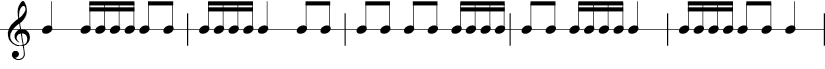 5 measures in 3/4 time signature. 1/4 1/16 1/16 1/16 1/16 1/8 1/8 | 1/16 1/16 1/16 1/16 1/4 1/8 1/8 | 1/8 1/8 1/8 1/8 1/16 1/16 1/16 1/16 | 1/8 1/8 1/16 1/16 1/16 1/16 1/4 | 1/16 1/16 1/16 1/16 1/8 1/8 1/4 |