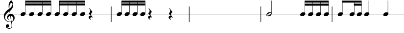 5 measures in 3/4 time signature. 1/16 1/16 1/16 1/16 1/16 1/16 1/16 1/16 1/4 rest | 1/16 1/16 1/16 1/16 1/4 rest 1/4 rest | blank measure | 1/2 1/16 1/16 1/16 1/16  | 1/8 1/16 1/16 1/4 1/4 |