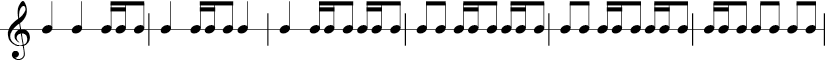 6 measures in 3/4 time signature. 1/4 1/4 1/16 1/16 1/8 | 1/8 1/16 1/16 1/8 1/4 | 1/4 1/16 1/16 1/8 1/16 1/16 1/8 | 1/8 1/8 1/16 1/16 1/8 1/16 1/16 1/8 | 1/8 1/8 1/16 1/16 1/8 1/16 1/16 1/8 | 1/16 1/16 1/8 1/8 1/8 1/8 1/8 |
