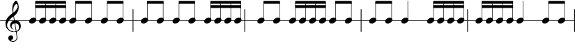 5 measures 3/4 time signature. 1/16 1/16 1/16 1/16 1/8 1/8 1/8 1/8 | 1/8 1/8 1/8 1/8 1/16 1/16 1/16 1/16 | 1/8 1/8 1/16 1/16 1/16 1/16 1/8 1/8 | 1/8 1/8 1/4 1/16 1/16 1/16 1/16 | 1/16 1/16 1/16 1/16 1/4 1/8 1/8 |