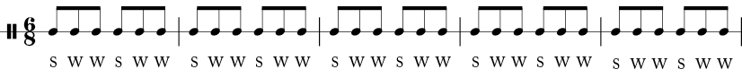 5 measures in 6/8 time signature. Each measure has six 1/8 notes with pattern S-W-W-S-W-W.