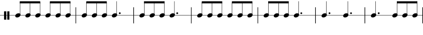 7 measures in 6/8 time signature. 1/8 1/8 1/8 1/8 1/8 1/8 | 1/8 1/8 1/8  dotted 1/4 | 1/8 1/8 1/8 dotted 1/4 | 1/8 1/8 1/8 1/8 1/8 1/8 | 1/8 1/8 1/8 1/8 1/8 1/8 | 1/8 1/8 1/8  dotted 1/4 | dotted 1/4 dotted 1/4 | dotted 1/4 1/8 1/8 1/8 |