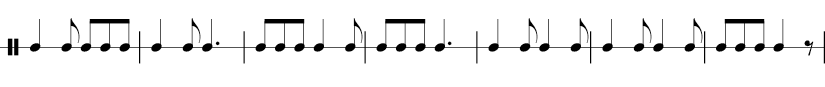 7 measures in 6/8 time signature. 1/4 1/8 1/8 1/8 1/8  | 1/4 1/8  dotted 1/4 | 1/8 1/8 1/8  1/4 1/8  | 1/8 1/8 1/8  dotted 1/4 | 1/4 1/8 1/4 1/8  | 1/4 1/8 1/4 1/8 | 1/8 1/8 1/8  1/4 1/8 rest |