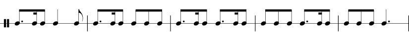 5 measures 6/8 time signature. Dotted 1/8  1/16 1/8  1/4 1/8  | dotted 1/8  1/6 1/8  1/8 1/8 1/8 | dotted 1/8 1/16 1/8  dotted 1/8  1/16 1/8  | 1/8 1/8 1/8  dotted 1/8  1/16 1/8  | 1/8 1/8 1/8 dotted 1/4 |