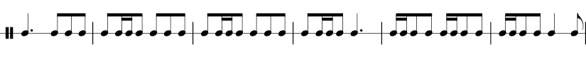 6 measures in 6/8 time signature. Dotted 1/4 1/8 1/8 1/8 | 1/8  1/16 1/16 1/8 1/8 1/8 1/8 | 1/8  1/16 1/16 1/8 1/8 1/8 1/8 | 1/16 1/16 1/8 1/8 1/16 1/16 1/8 1/8 | 1/16 1/16 1/8 1/8  1/4 1/8 |