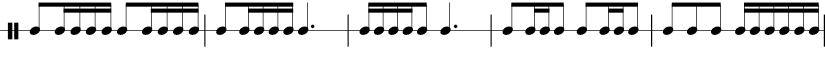 5 measures in 6/8 time signature. 1/8 1/16 1/16 1/16 1/16 1/8 1/16 1/16 1/16 1/16 | 1/8 1/16 1/16 1/16 1/16 dotted 1/4 | 1/16 1/16 1/16 1/16 1/8 dotted 1/4 | 1/8 1/16 1/16 1/8 1/8 1/16 1/16 1/8 | 1/8 1/8 1/8 1/16 1/16 1/16 1/16 1/16 1/16 |  