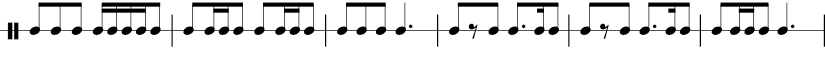 6 measures in 6/8 time signature. 1/8 1/8 1/8 1/16 1/16 1/16 1/8 | 1/8 1/16 1/16 1/8 1/16 1/16 1/8 |1/8 1/8 1/8 dotted 1/4 1/8 1/8 rest 1/8 dotted 1/8 1/16 1/8 | 1/8 1/8 rest 1/8 dotted 1/8 1/16 1/8  | 1/8 1/16 1/16 1/8  dotted 1/4 |