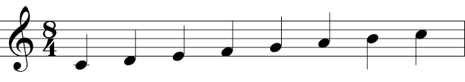 Treble clef with the 8 note C Major scale - C, D, E, F, G, A, B, C.