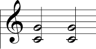 4/4 time signature. Treble Clef C-G 1/2 notes repeated