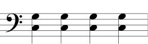 4/4 time signature. Bass clef. C-G 1/4 notes for four beats. 
