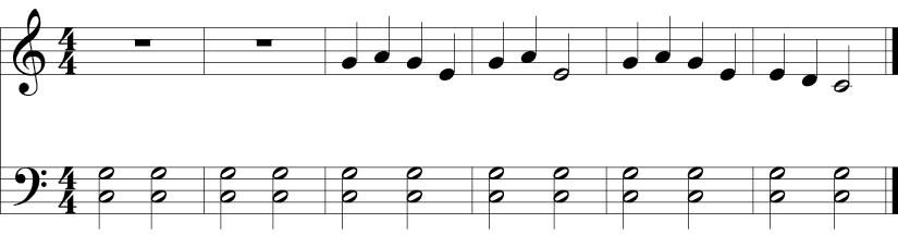 Simple 6 measure piece with Treble and Bass clef notes. The Bass line is a continuous C-G in 1/2 notes. The Treble line starting in the third measure is a melody based on G-A-E-D-C pentatonic.