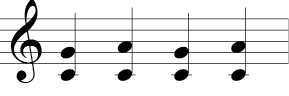 Treble clef with four 1/4 note chords C-G moving to C-A then repeated.