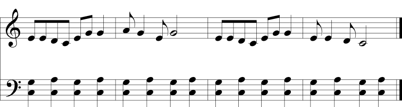 4 measures with both Treble and Bass clefs in 4/4 time signature no sharps or flats. Bass line repeats C-G to C-A on each beat. The Treble line melody plays a simple C Diatonic meldoy which starts on E and ends on C. Bass line has 1/4 note C-G to C-A pattern throughout.