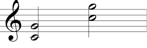Treble clef with two 1/2 note intervals - C-G moving to C-G an octave above.