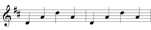 Two treble clef measures in 4/4 time and D Major (F sharp and C sharp) 1/4 notes D-A-D octave above-A-D-A-D octave above-A