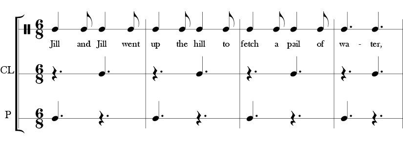 6/8 time signature with 8 bar score. The top line is vocal for Jack and Jill nursery rhyme and bottom has the four body percussion lines with different rhythms.