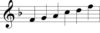 Treble clef with notes of F Major pentatonic F-G-A-C-D-F