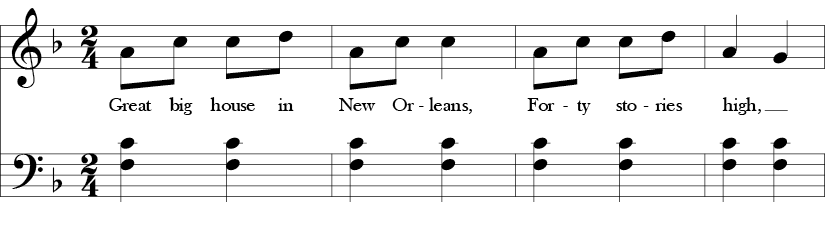 2/4 Time signature, Key of F. First four measures of a tune in F major pentatonic. Melody line avoids the Bb and E while the bass repeats an open 5th F-C..
