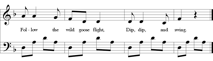 2/4 Time signature and Bb key in key signature. Last four measures of a tune in D minor pentatonic in which the melody avoids the E and Bb while the base repeats an arpeggiated D-A pattern in different registers.