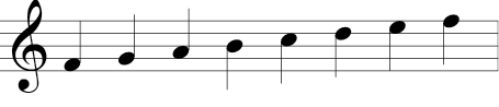 Treble clef lydian mode starting on F and going to the F above, but with a B natural instead of the Bb.