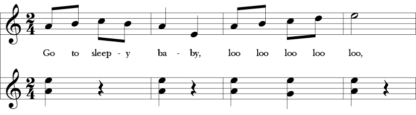 2/4 time signature and no key signature. First four measures of song with melody in A Aeolian and bass line with C-G and one B-G interval before last beat.