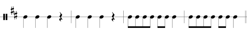 4/4 time signature, F & C sharp in key, 4 measures with rhythms notated only.