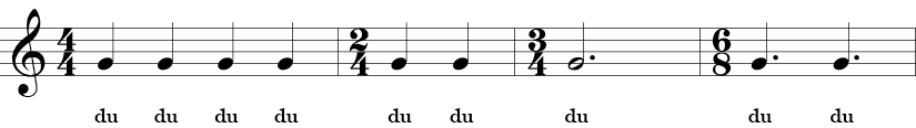 4 measures with a single note repeating in four different time signatures - 4/4, 2/4, 3/4 6/8.