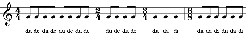4 measures with a single 1/8 note repeating in four different time signatures - 4/4, 2/4, 3/4 6/8.